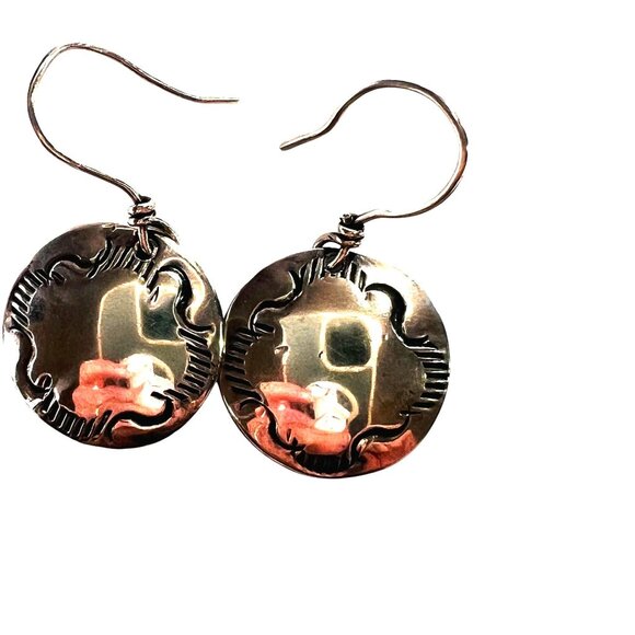 Vtg 925 Silver Dangle Drop Earrings Engraved Southwest Design by J O Randhal - Picture 2 of 5